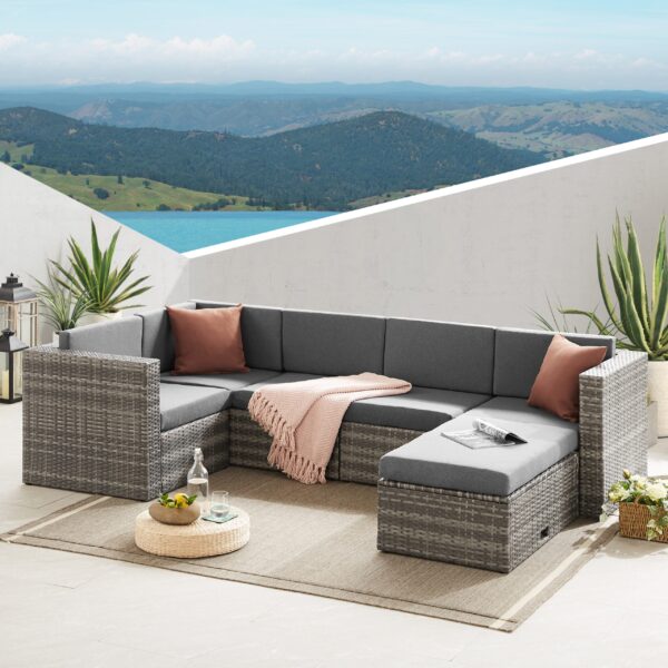 The Tatton Grey Rattan Garden Furniture 6 Seat Corner Sofa and Coffee Table Patio Set