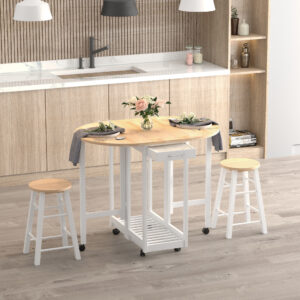 HOMCOM 3PC Wooden Kitchen Cart Mobile Rolling Trolley Folding Bar Table Two Stools Dining Chair Storage Shelf w/2 Drawers & 6 Wheels